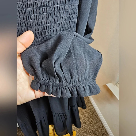 1. State Women's Black Smocked Long-Sleeve Bodice Ruffle Mini Dress Size M - Picture 11 of 13